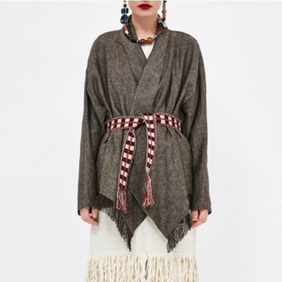 Zara Linen Cardigan Jacket Knit Brown Fringe Long Sleeve Womens XS S - Picture 13 of 13